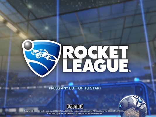 An image of in-game footage depicts the intro screen, showing the rocket league logo over a soccer ball and goal.