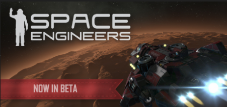 An image of the space engineers logo with the sillouette of an astronaut waving, floats above a spaceship in planetary descent