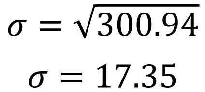 the standard deviation by taking the squareroot of 300.94